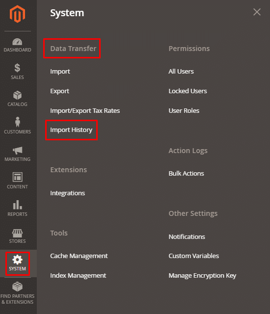 import history magento 2